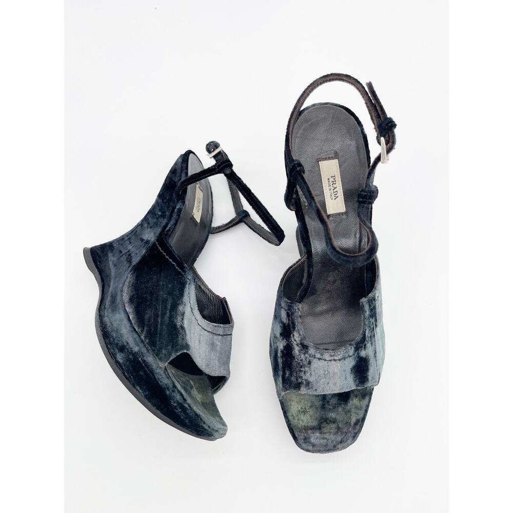 Prada Vintage Fall 2004 Runway Blue Velvet Sculptural Wedge Sandals IT 38.5